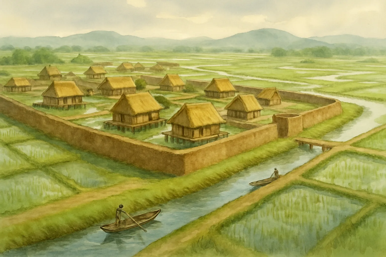 Watercolor reconstruction of a Neolithic walled city on a river plain, with thatched timber houses raised on piles inside low rammed-earth ramparts, canals and flooded rice paddies outside, and two people poling narrow boats.