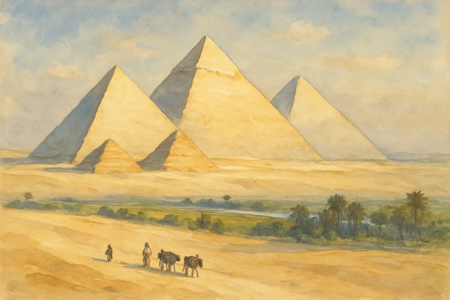 Watercolor impression of three Egyptian pyramids in antiquity, their faces sheathed in smooth pale limestone catching low sun, above a green strip of fields and palms, with small figures and laden donkeys on a sand track.