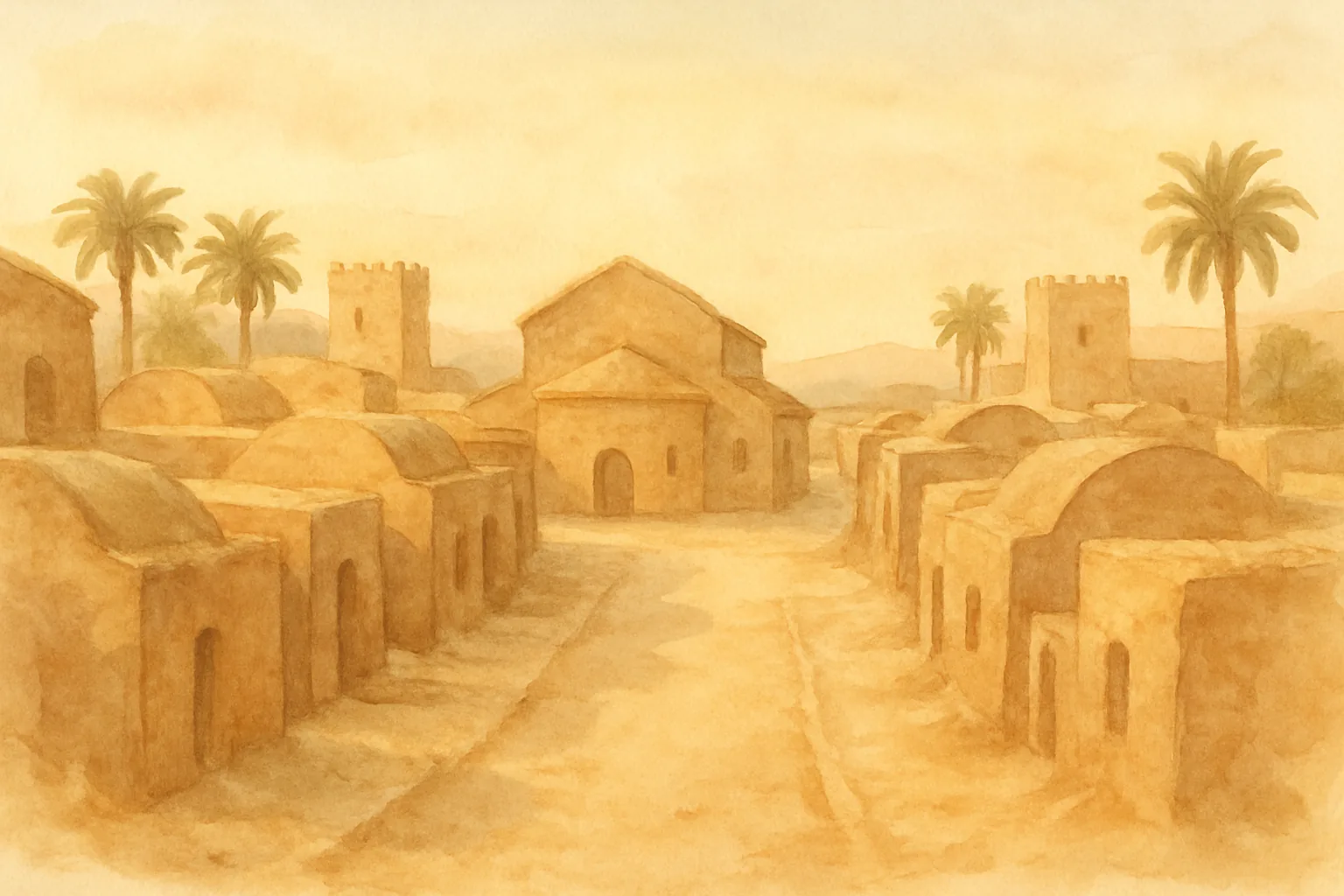 Watercolor reconstruction of a fourth-century desert town, with vaulted mudbrick houses lining a sandy street, a small basilica at the far end and square watchtowers on the edge of the settlement.