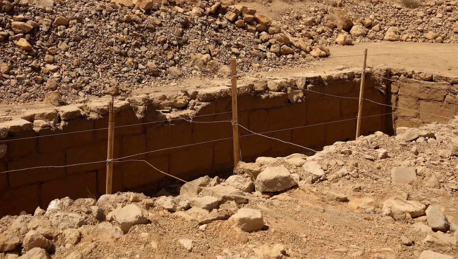 An open archaeological trench in dry desert ground, exposing courses of crumbling sun-dried mudbrick wall, with spoil heaps and a string grid on wooden survey pegs above.