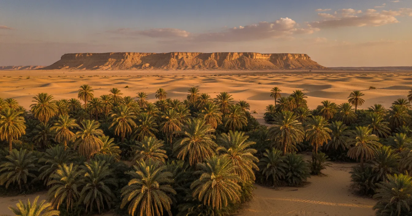 A dense grove of date palms in an Egyptian Western Desert oasis, backed by rippled sand dunes and a long flat-topped limestone escarpment in golden evening light.