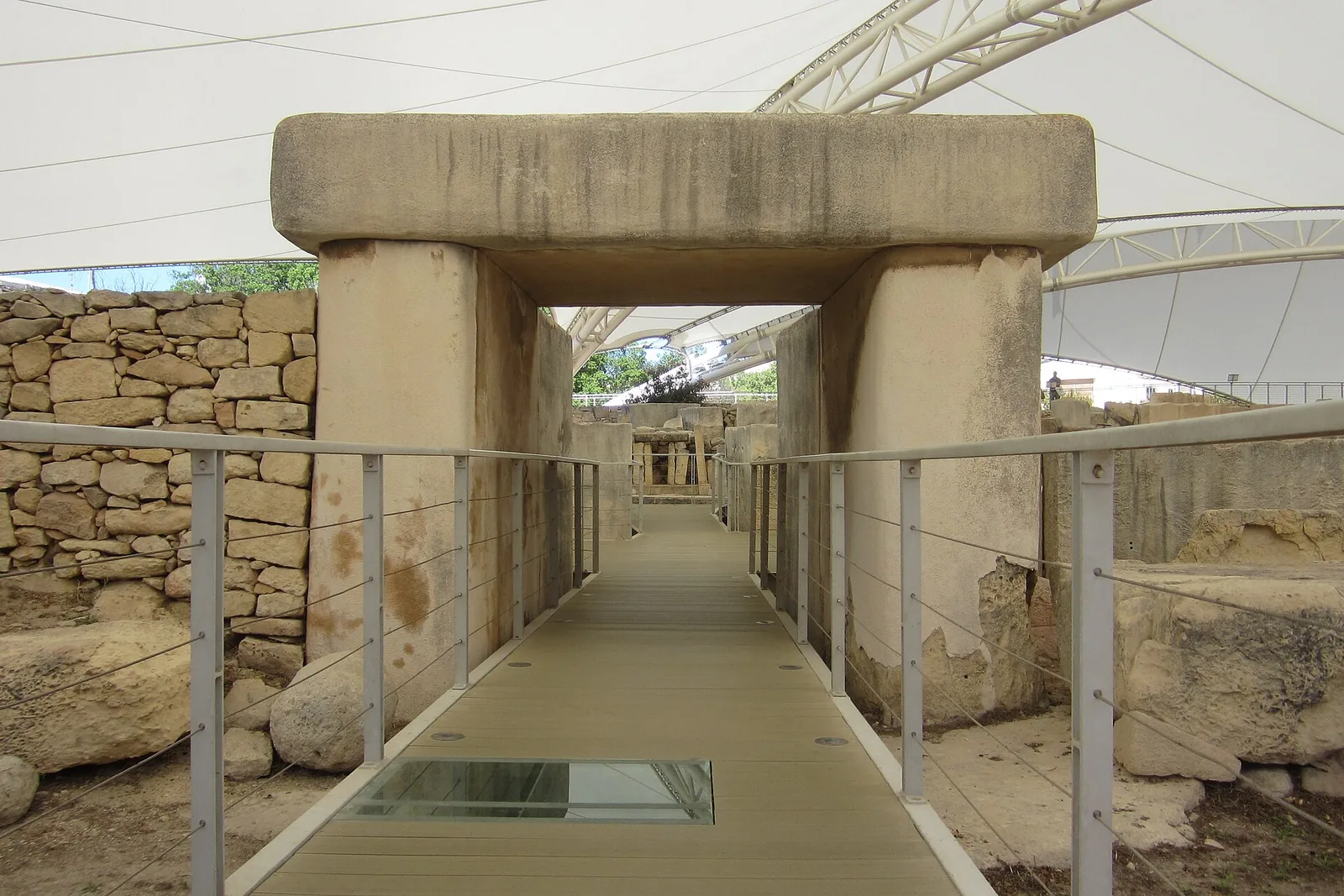 Trilithon doorway and visitor walkway at Tarxien temples