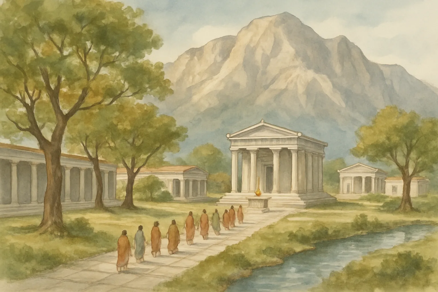 Watercolor of ancient temples below a mountain