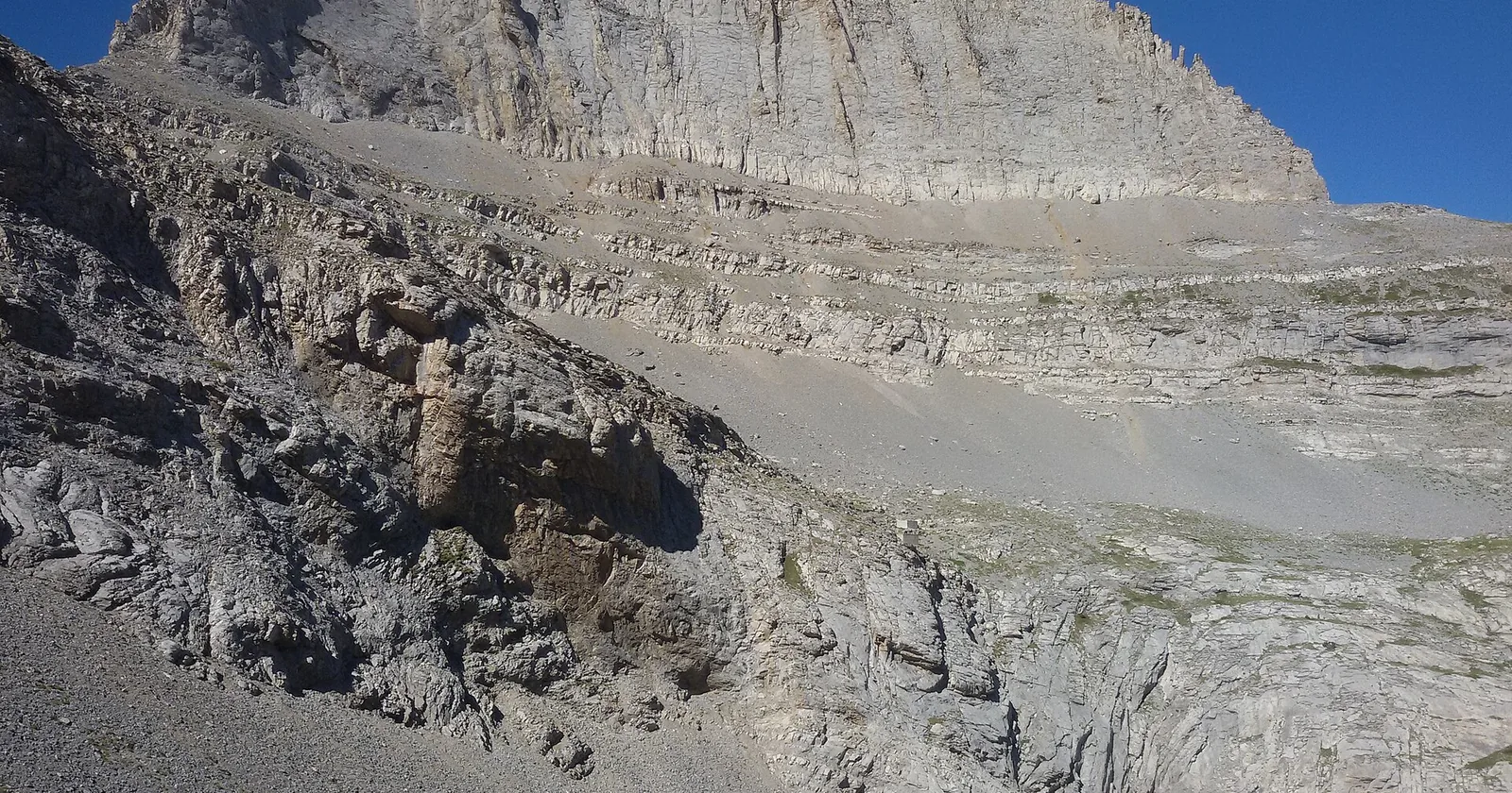 Bare limestone crags and scree on Mount Olympus