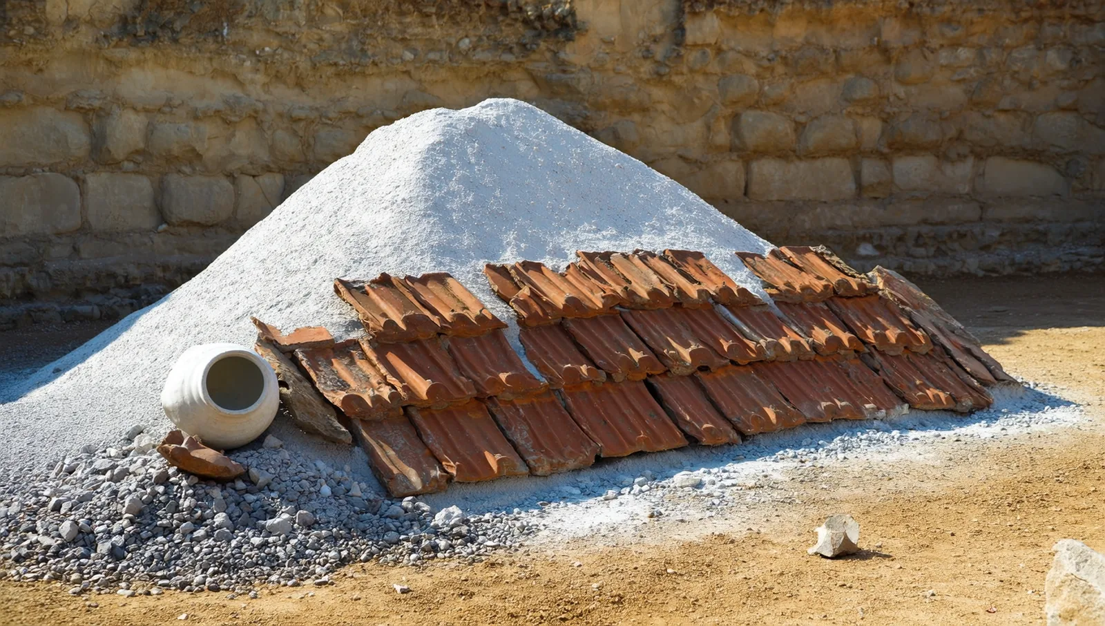 Stacks of ancient terracotta roof tiles and broken amphorae beside a mound of pale lime and grey volcanic ash at a sunlit archaeological excavation.