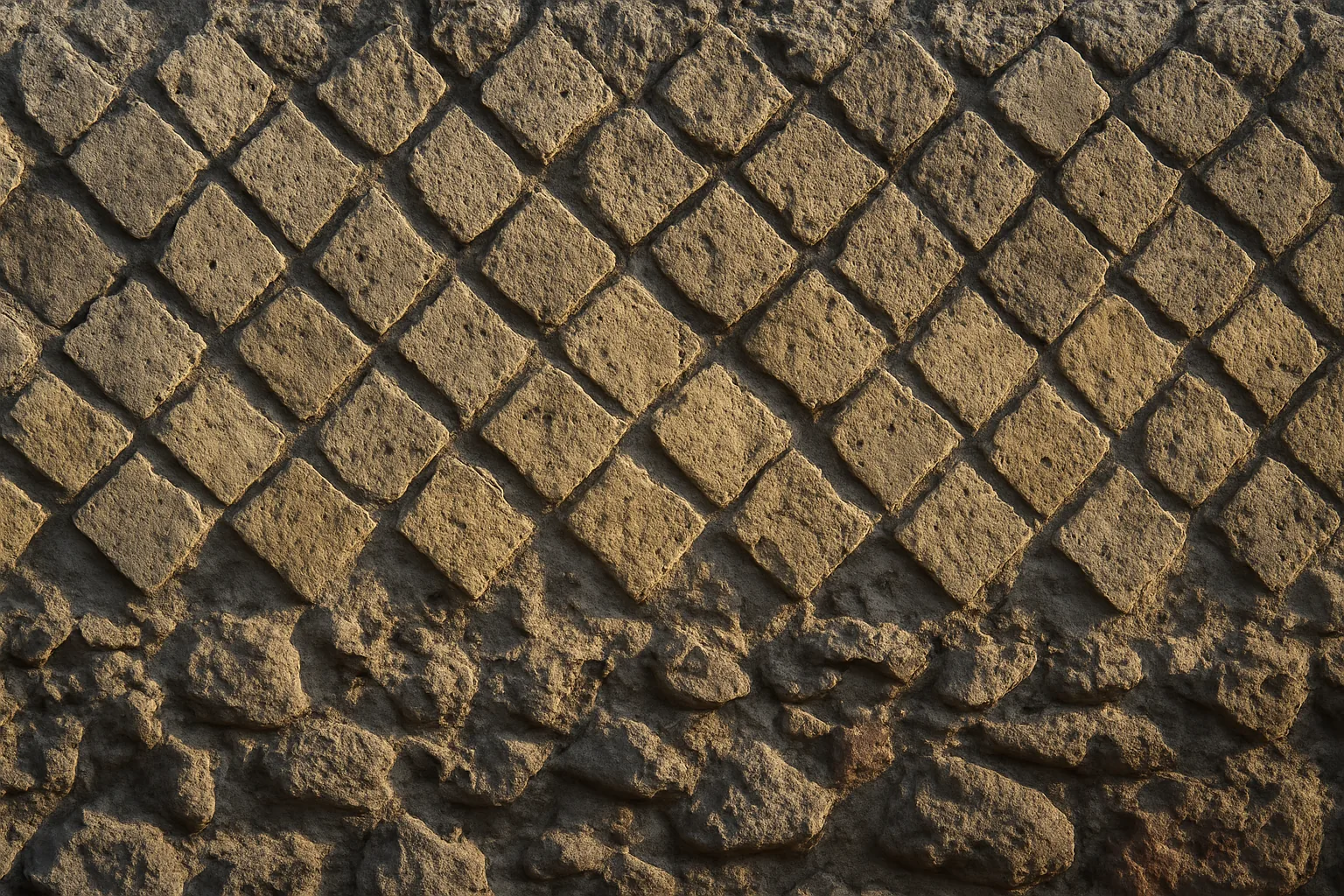An ancient Roman wall showing the diamond net pattern of opus reticulatum stonework laid over a rubble and mortar core, lit by raking sunlight.