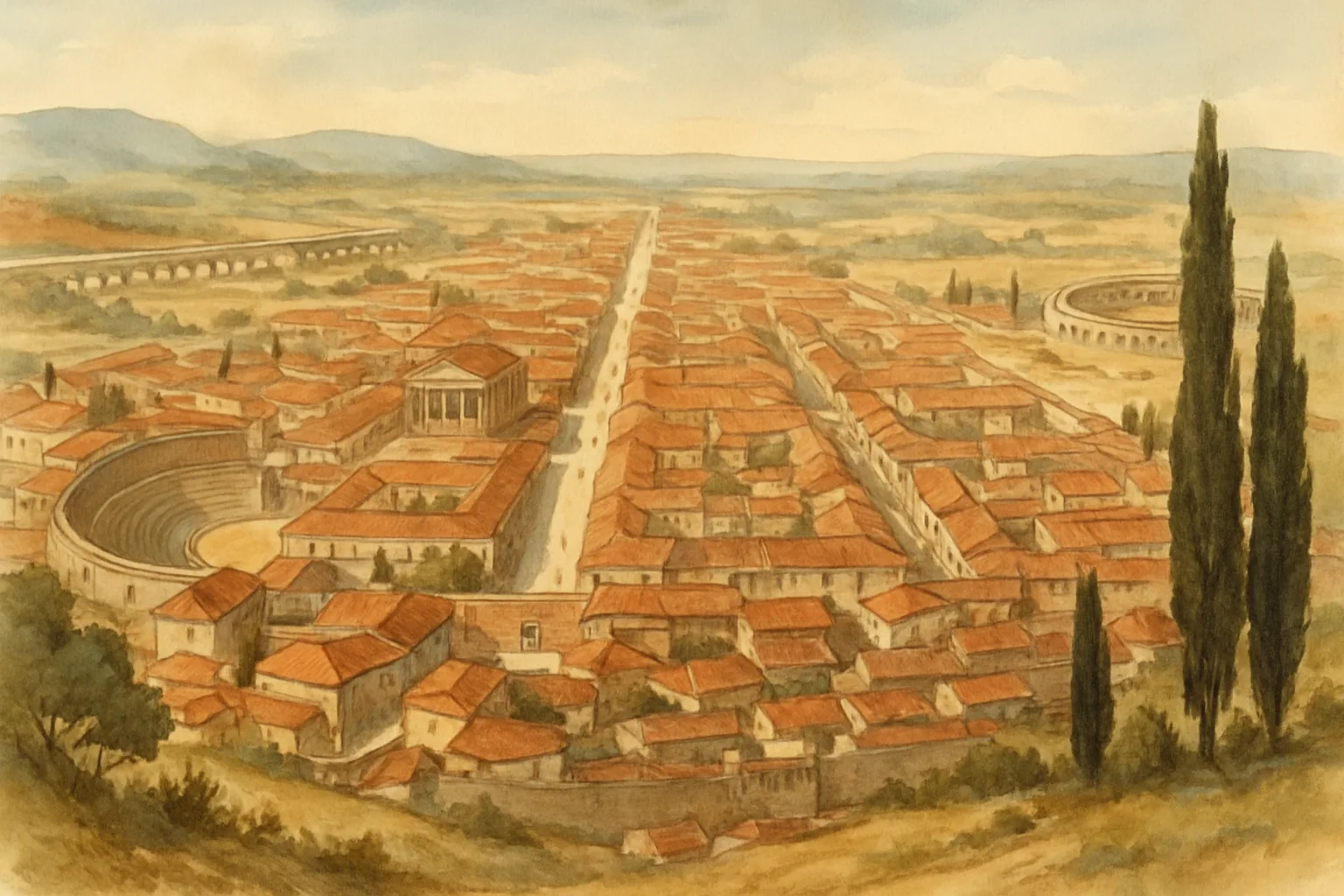 Watercolor of a Roman town with forum, theatre and grid