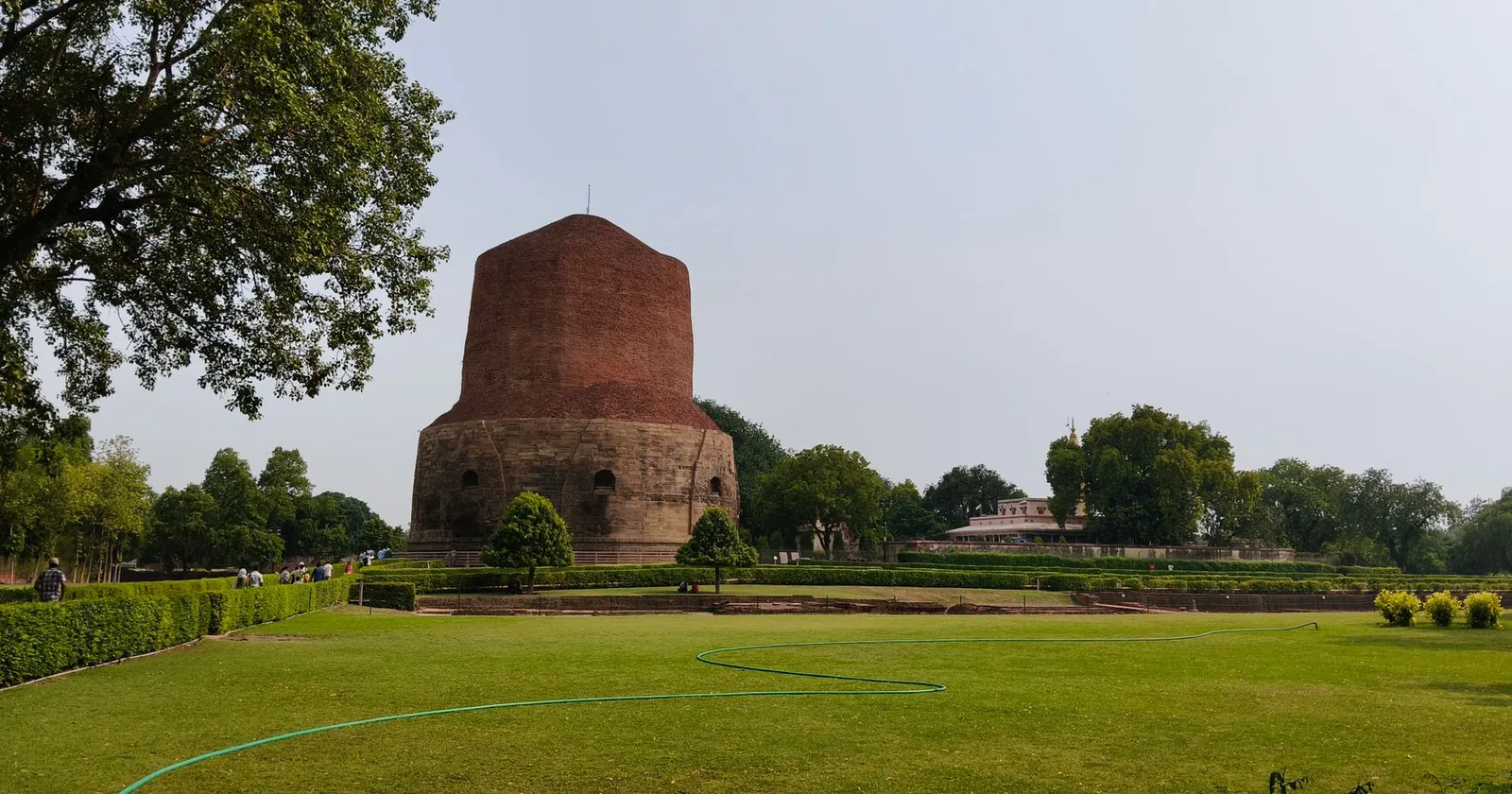 The tall cylindrical brick drum of the Dhamek Stupa rising above the lawns and excavated ruins of the Deer Park at Sarnath.