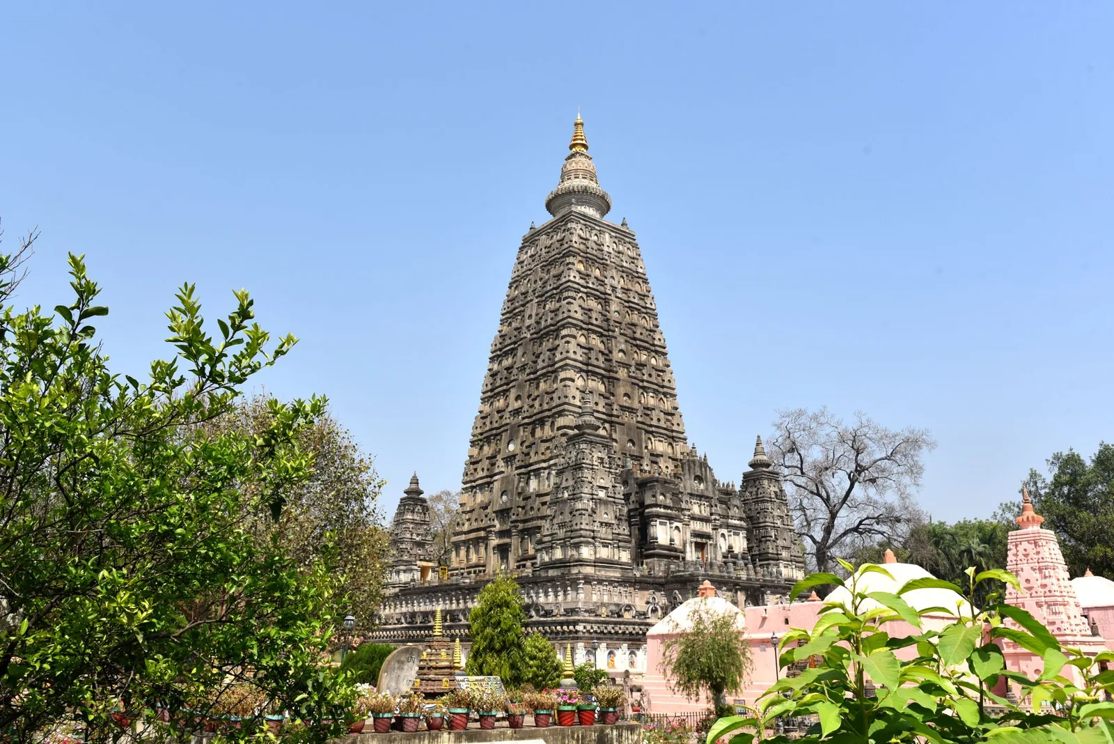 The tall pyramidal tower of the Mahabodhi Temple at Bodh Gaya rising above garden walls and smaller shrines.