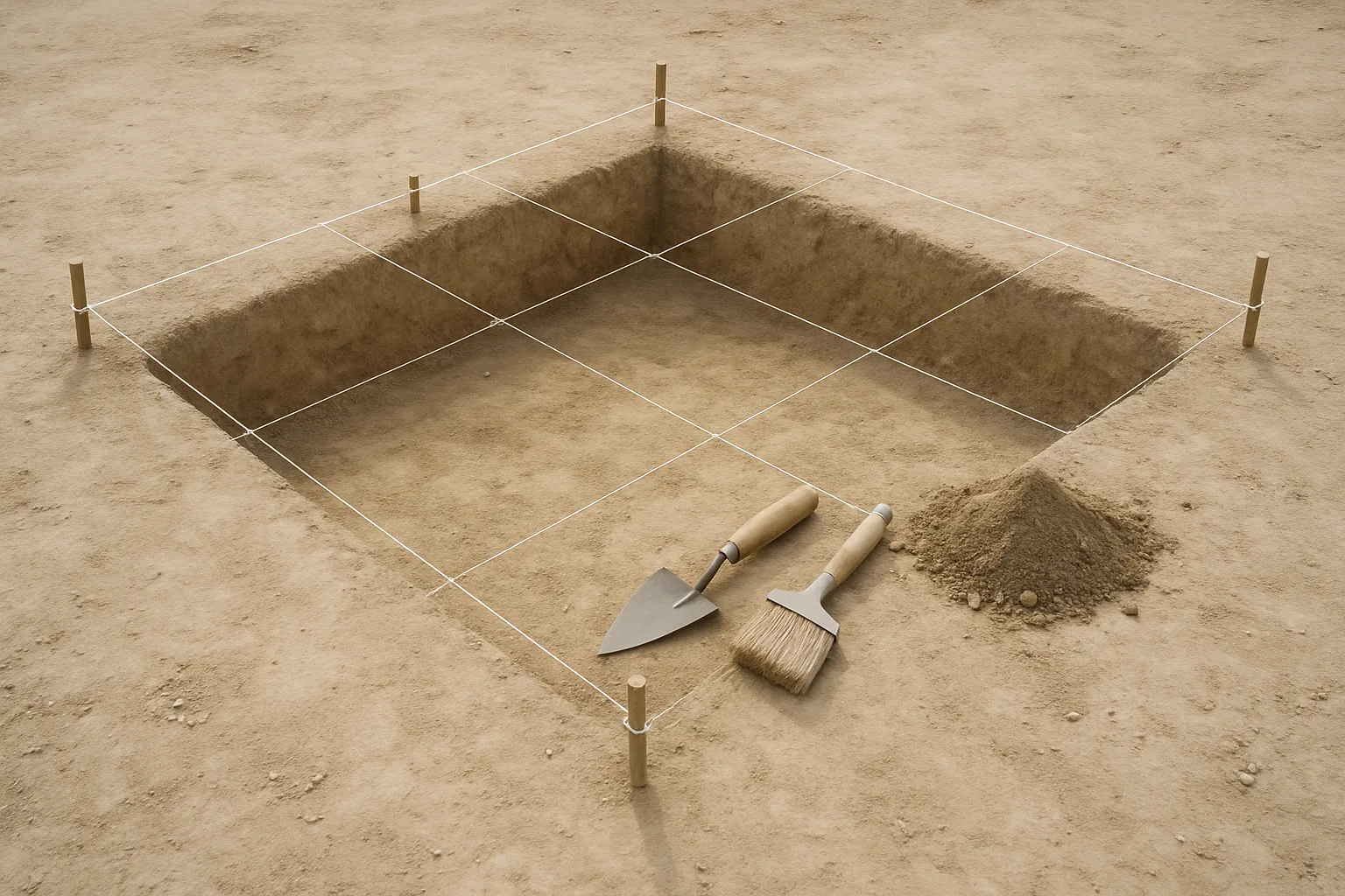 A small square archaeological excavation trench in dry earth, marked out with a pegged string grid, a trowel and brush lying beside a pile of sieved soil.