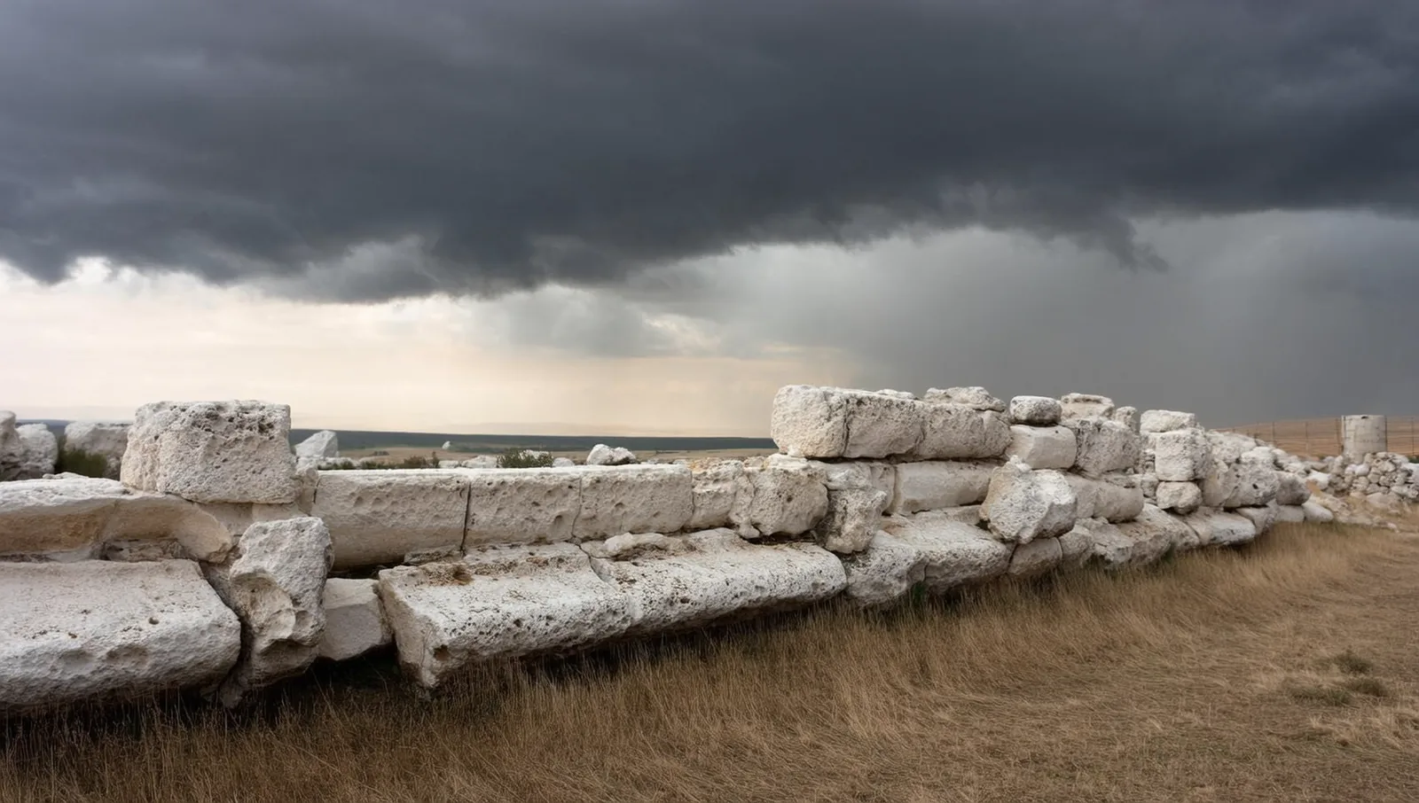 Weathered limestone blocks from a collapsed ancient wall lying on dry grass beneath a dark storm sky.